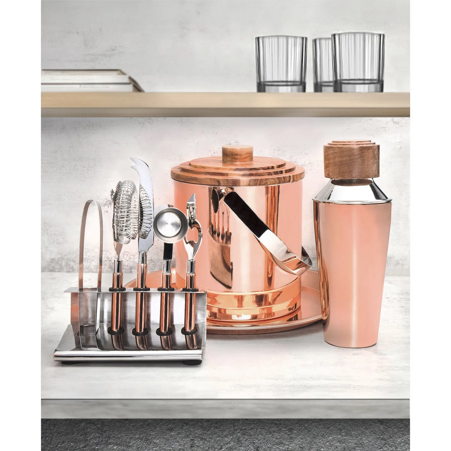 Godinger Acacia Wood Copper barsæt 9 dele