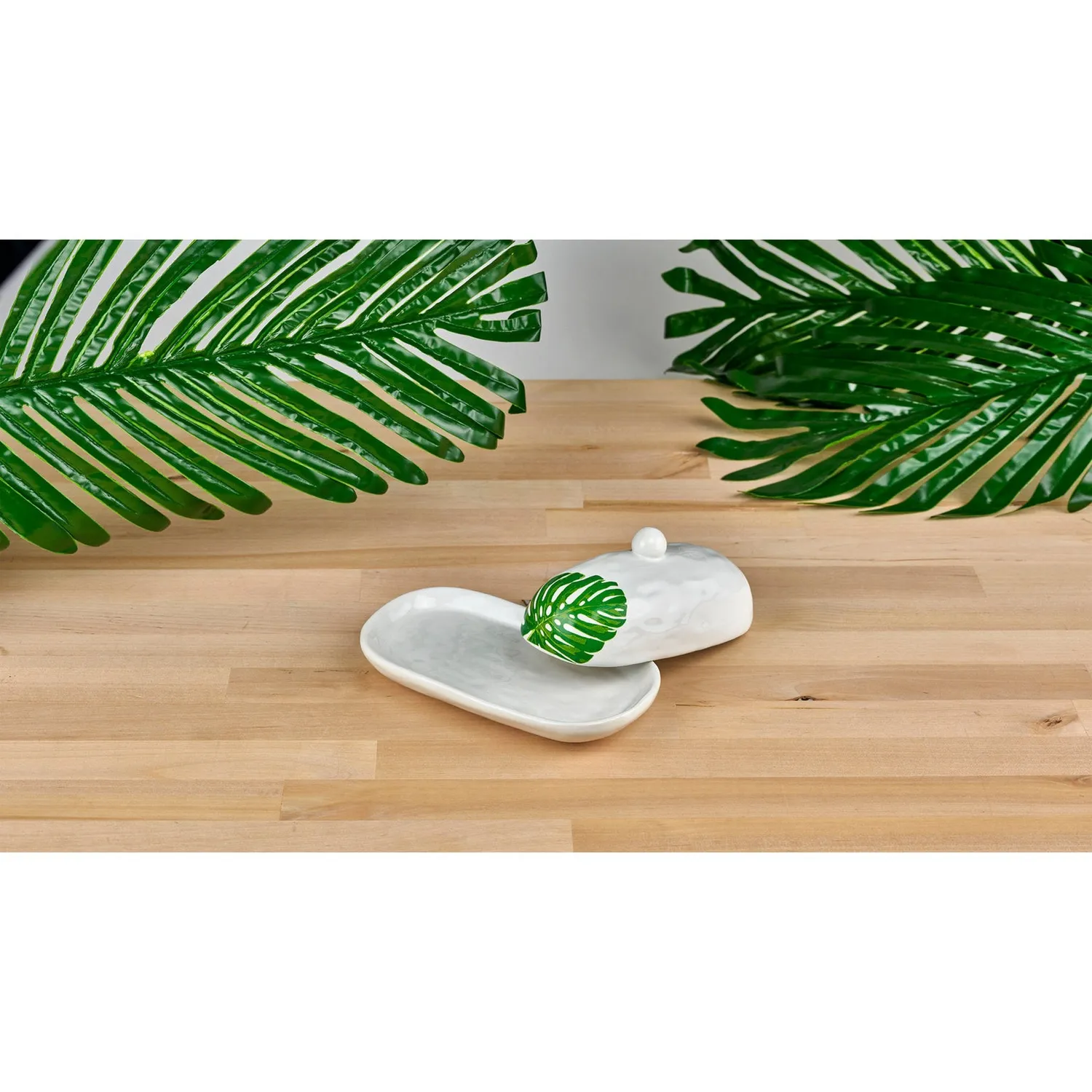 Godinger Monstera Palm Leaf smørskål hvid porcelæn