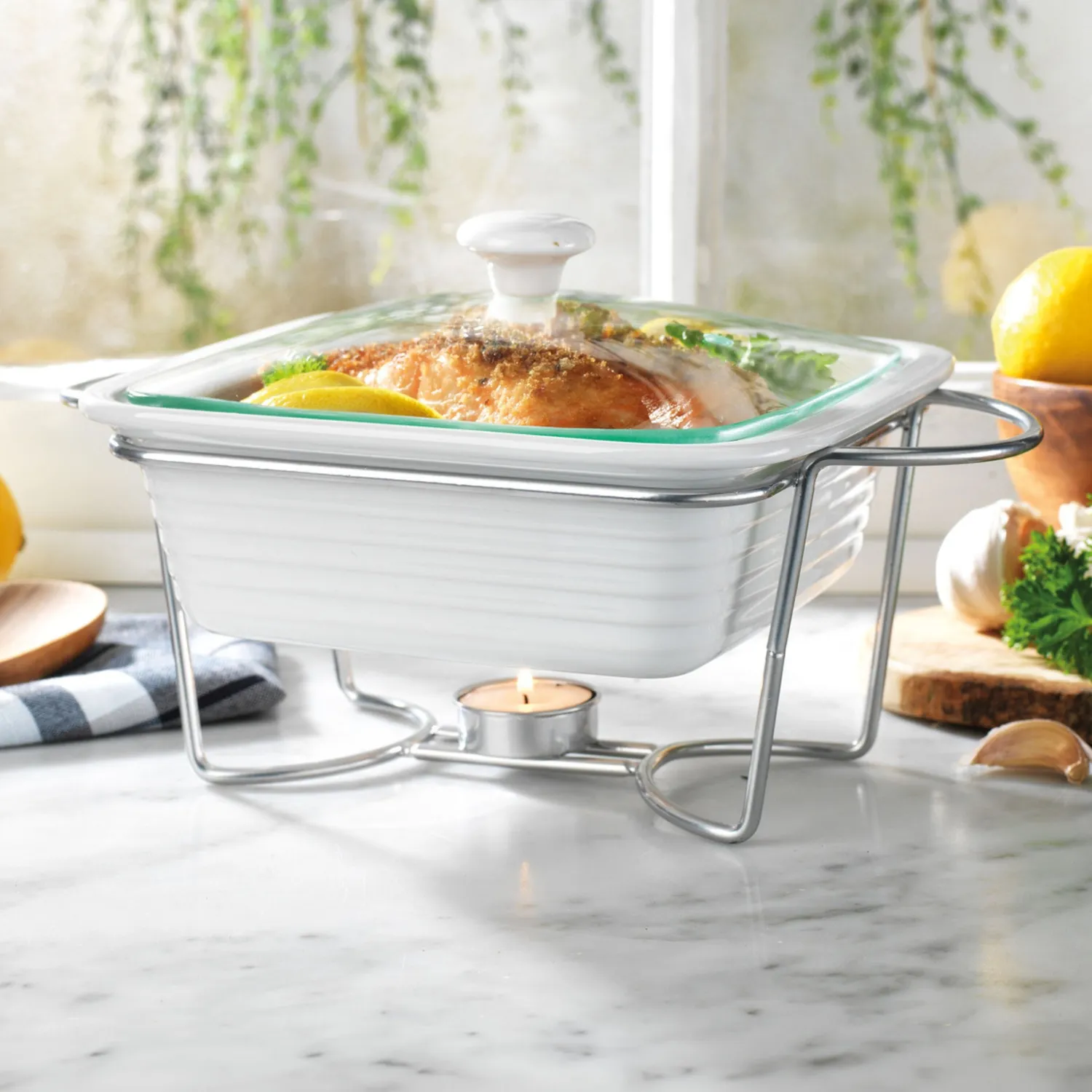 Godinger Natura fad med varmeholder hvid porcelæn