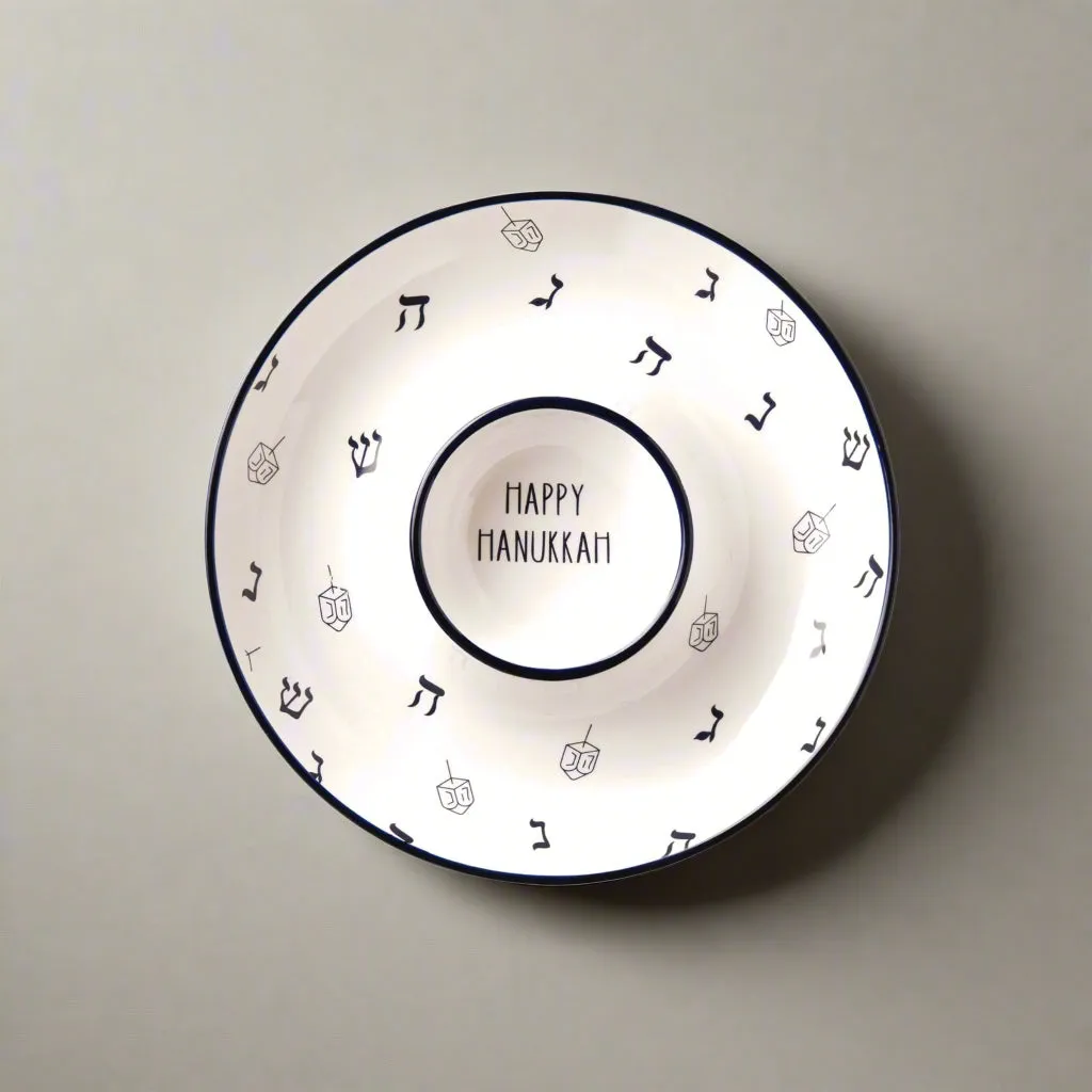 Godinger Hanukkah Dreidel Chip Dip fad porcelæn hvid blå